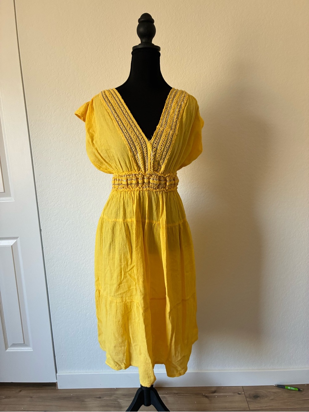 Bright Yellow V-Neck Smocked Waist Swim Coverup Crotchet Detail Beach Pool